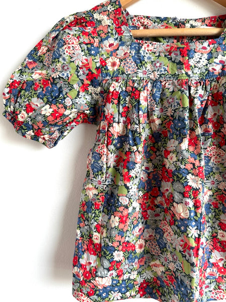 Petits Vilains Red and Blue Poppy Puff Sleeve Shirt • 4-5 years