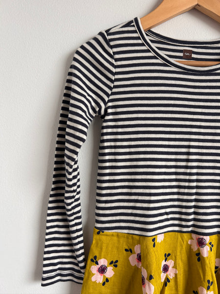 Tea Long Sleeve Striped/Floral Cotton Dress • 4 years