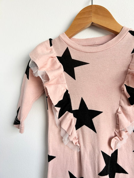 Nununu Pink Star Ruffle Long Sleeve Cotton Romper • 6-12 months