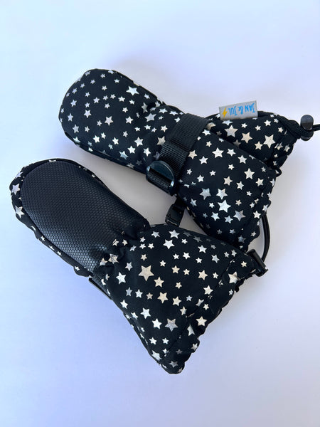 Jan and Jul Black Mittens with Silver Stars • 0-2 years (small, no thumb)