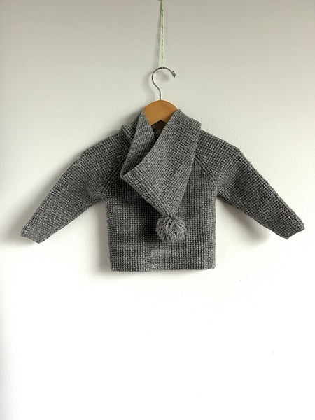 Rylee and Cru Soft Grey Button Sweater with Pom Pom Hood • 12-18 months