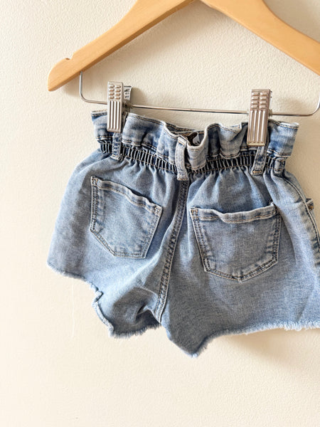 Zara Blue Denim Cutoff Paper Bag Waist Shorts • 3-4 years