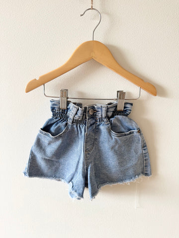 Zara Blue Denim Cutoff Paper Bag Waist Shorts • 3-4 years
