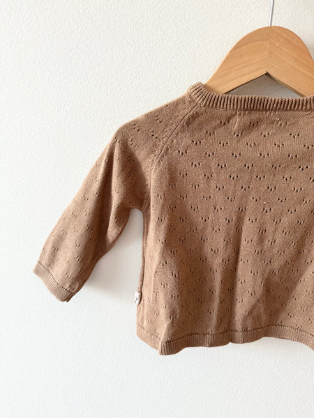 Wheat Eyelet Brown Cardigan • 6-12 months