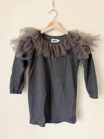 Molo Grey Long Sleeve Sweater Dress with Tulle Ruffle • 6-8 years