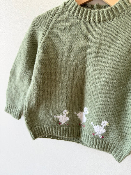 Handknit Green Ducks Sweater • 1-2 years