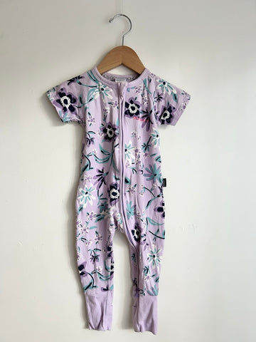 Bonds Short Sleeve Purple Floral Wondersuit • 6-12 months