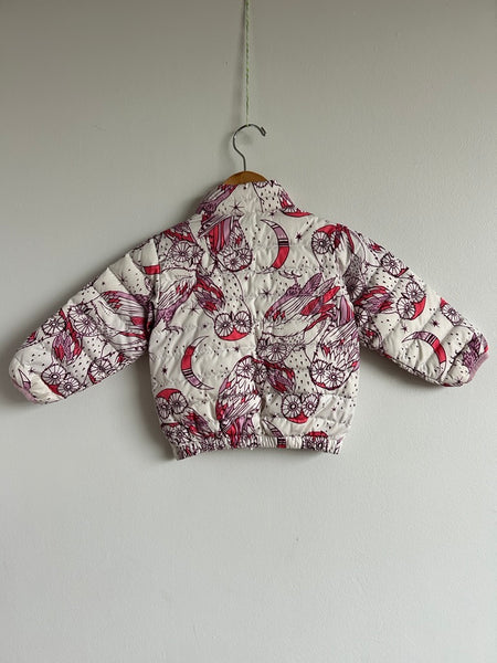 Patagonia White, Purple, and Pink Owls Zip Up Down Sweater • 1-2 years