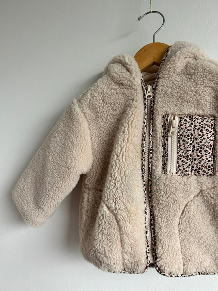 Zara Lined Cream Teddy Sherpa Zip Up Hooded Jacket With Floral Pocket • 1-2 years