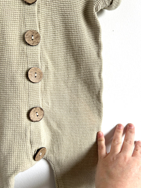 Childhoods Button Short Sleeve Sage Green Waffle Romper • 12-18 months