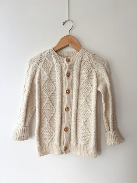 Handknit White Acrylic Wooden Button Cardigan • 4-6 years *