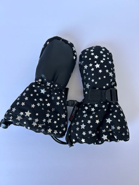 Jan and Jul Black Mittens with Silver Stars • 0-2 years (small, no thumb)