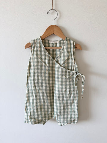 Fin and Vince Green Gingham Linen Romper • 1-2 years