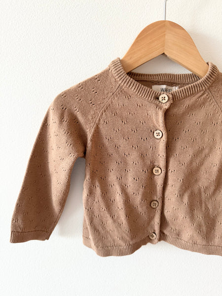 Wheat Eyelet Brown Cardigan • 6-12 months