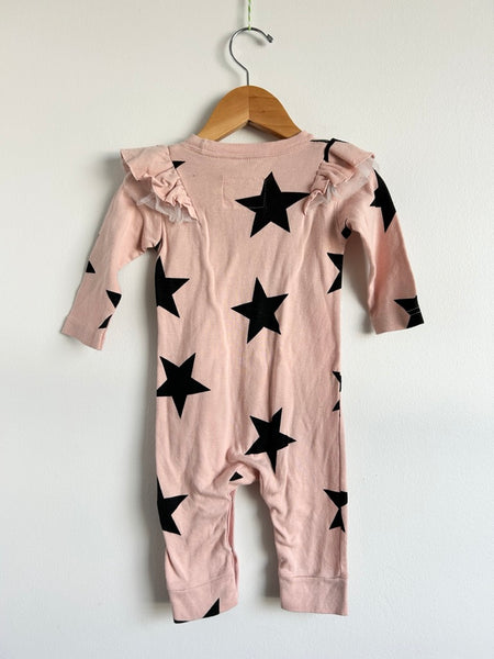 Nununu Pink Star Ruffle Long Sleeve Cotton Romper • 6-12 months