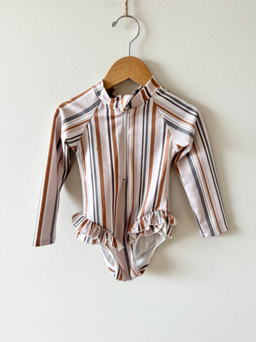 Imagine Perry Striped Long Sleeve Ruffle Swimsuit • 2-3 years