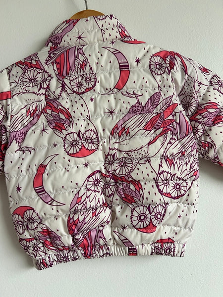 Patagonia White, Purple, and Pink Owls Zip Up Down Sweater • 1-2 years
