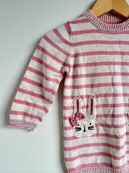 Primark Long Sleeve Striped Bunny Sweater Dress • 9-18 months
