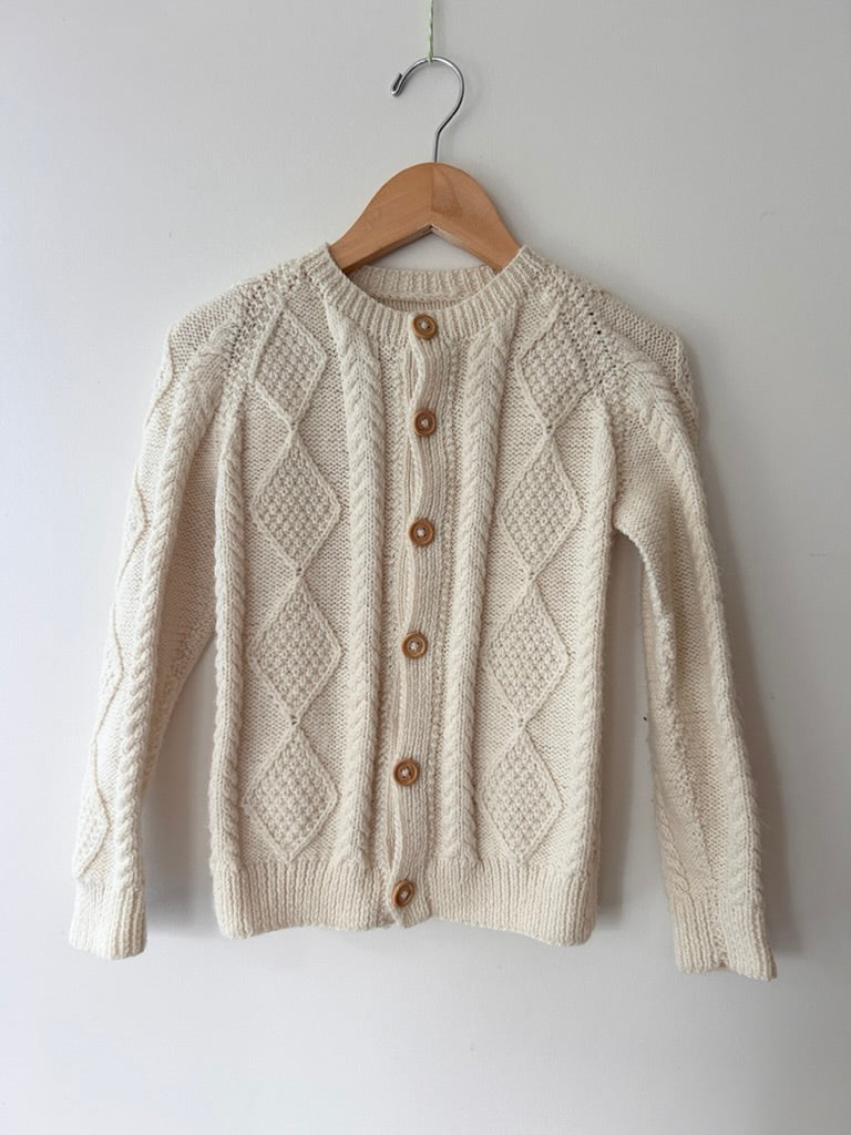 Handknit White Acrylic Wooden Button Cardigan • 4-6 years *
