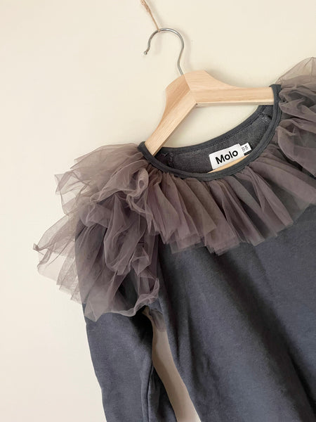 Molo Grey Long Sleeve Sweater Dress with Tulle Ruffle • 6-8 years