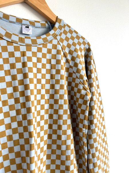 Little and Lively Blue and Brown Checkered Long Sleeve Top • 7-8 years