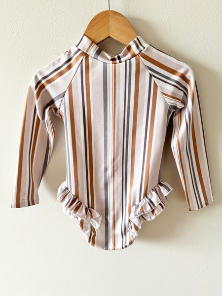 Imagine Perry Striped Long Sleeve Ruffle Swimsuit • 2-3 years