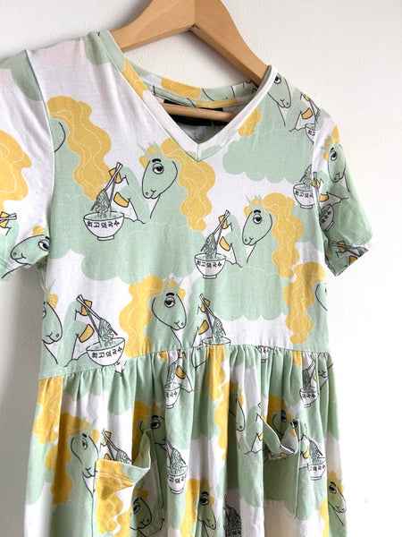 Mini Rodini Unicorn Eating Noodles Short Sleeve Dress • 8-9 years
