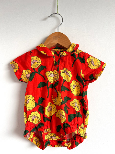 Mini Rodini Red Collared Floral Onesie • 2-4 months
