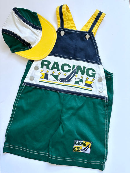 NEW Vintage 2pc "Racing" Shortalls and Hat • 3-4 years