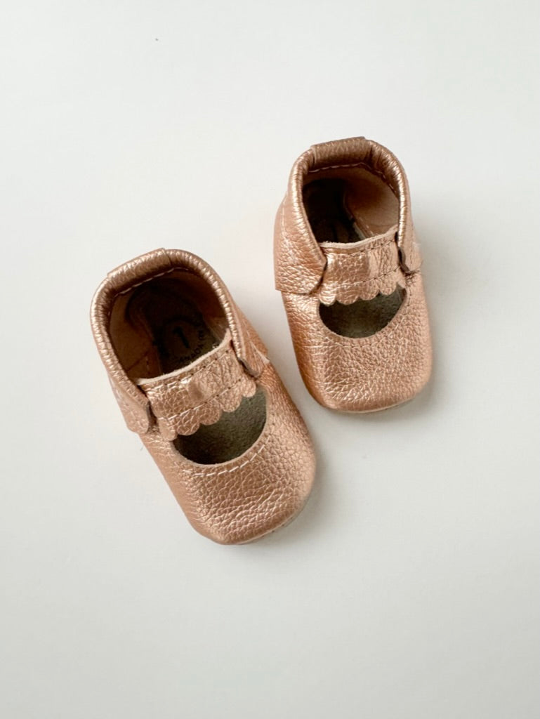 NEW Heyfolks Rose Gold Mocs • 2c/4"/3-6 months