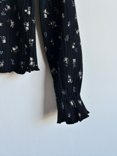 Zara Ribbed Long Sleeve Black Floral Top • 10-12 years