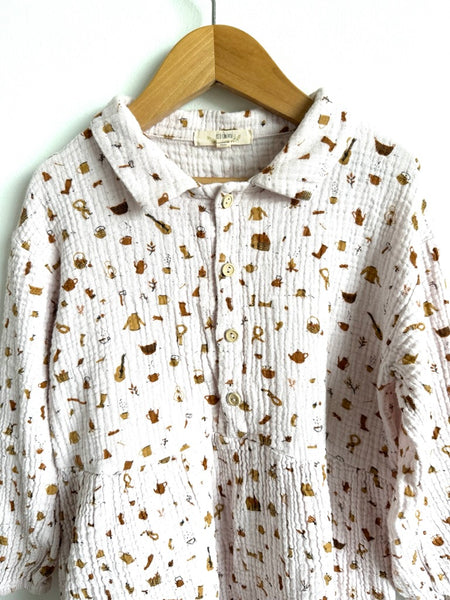 Red Caribou Cotton Muslin Long Sleeve Collared Dress • 5-6 years