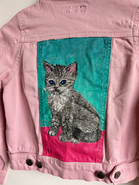 Tractor Jeans Handpainted Cat Pink Denim Jacket • 4-6 years