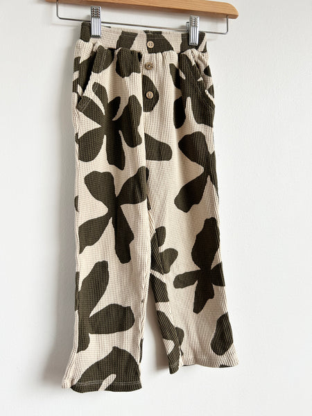 Zara Cream and Green Waffle Big Floral Pants • 4-5 years