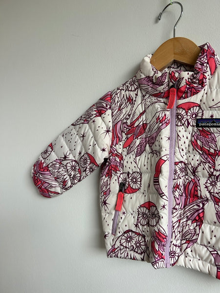 Patagonia White, Purple, and Pink Owls Zip Up Down Sweater • 1-2 years