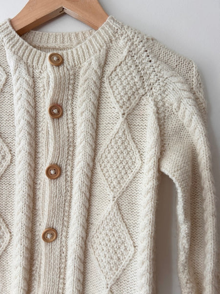 Handknit White Acrylic Wooden Button Cardigan • 4-6 years *