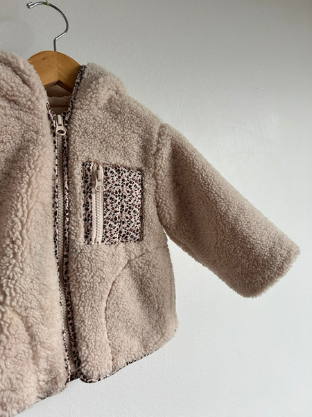 Zara Lined Cream Teddy Sherpa Zip Up Hooded Jacket With Floral Pocket • 1-2 years