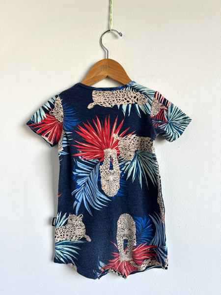Bonds Leopard Red Blue Leaves Short Romper • 18-24 months