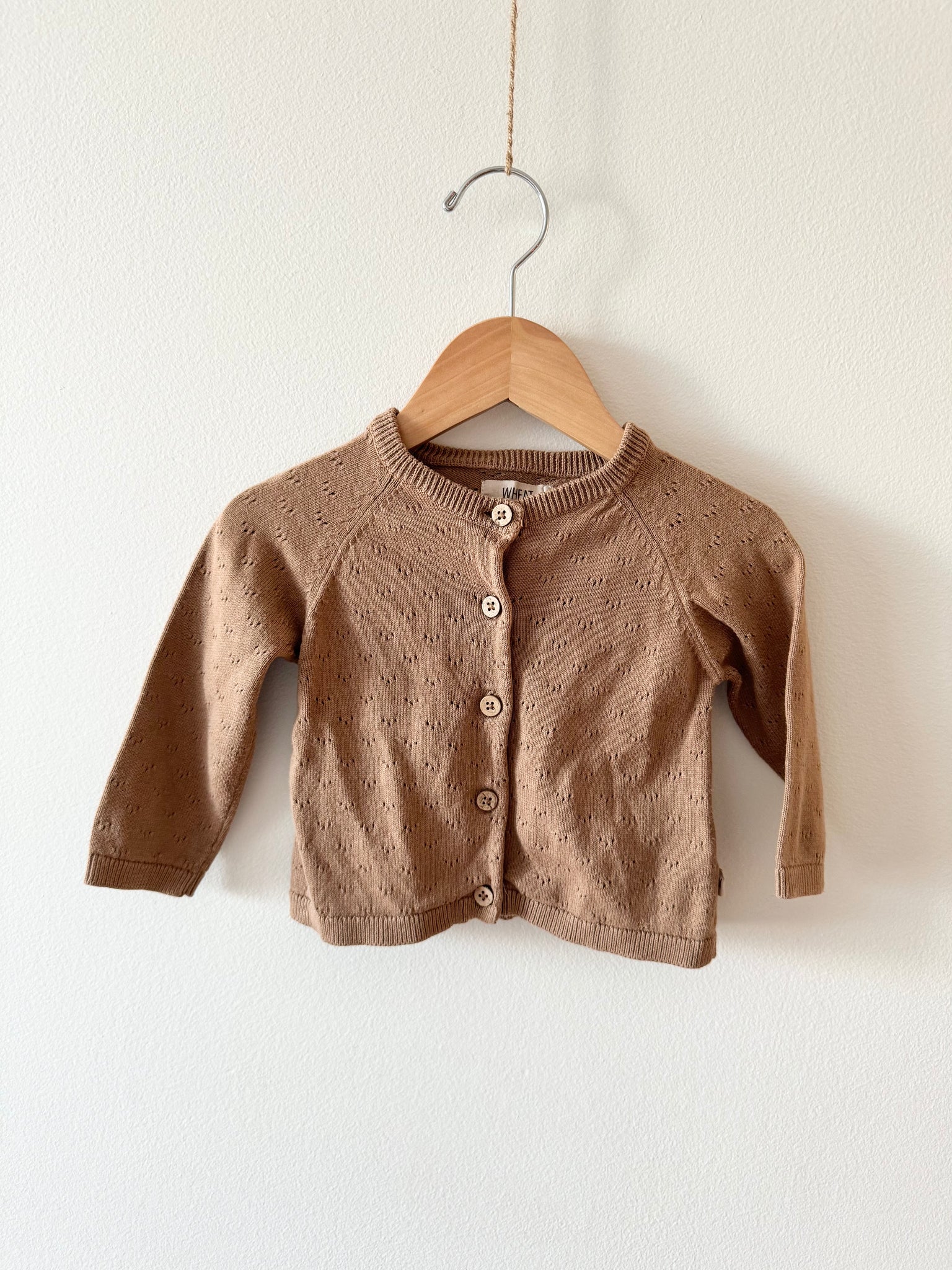 Wheat Eyelet Brown Cardigan • 6-12 months