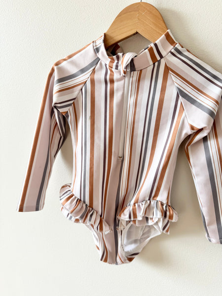 Imagine Perry Striped Long Sleeve Ruffle Swimsuit • 2-3 years