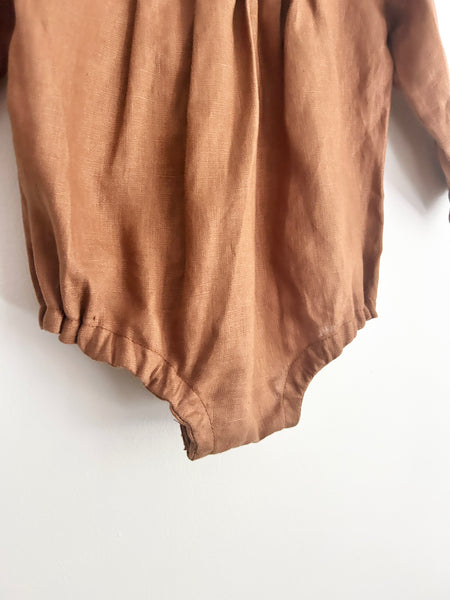 NEW Little Deer Handmade Brown Linen Bubble Romper • 12-18 months