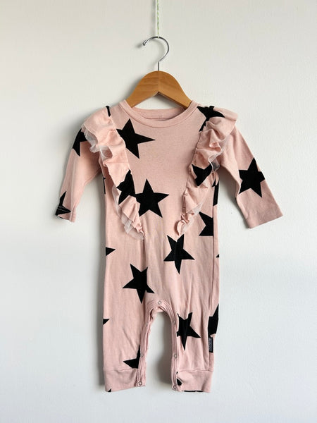 Nununu Pink Star Ruffle Long Sleeve Cotton Romper • 6-12 months