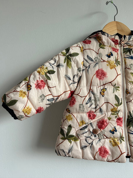 Zara Reversible Navy and Light Pink Floral Puffy Jacket • 6-12 months