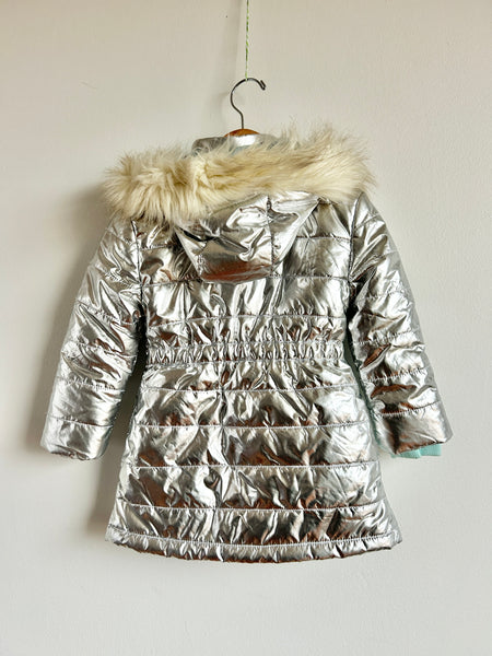 Disney Silver Metallic Jacket with Furry Hood • 2-3 years