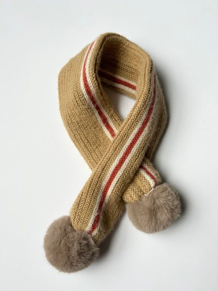 Knit Brown Wrap Scarf with Pom Poms