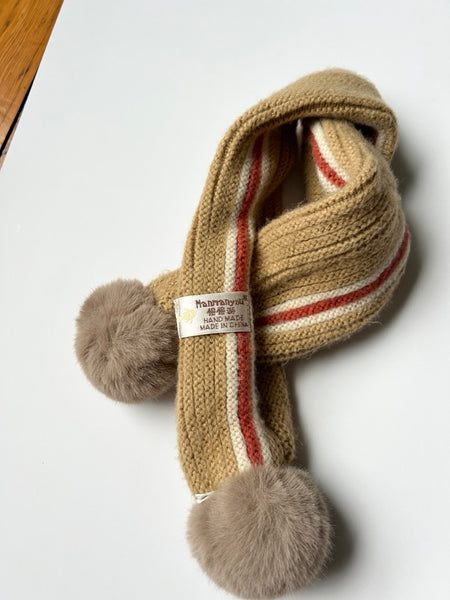 Knit Brown Wrap Scarf with Pom Poms