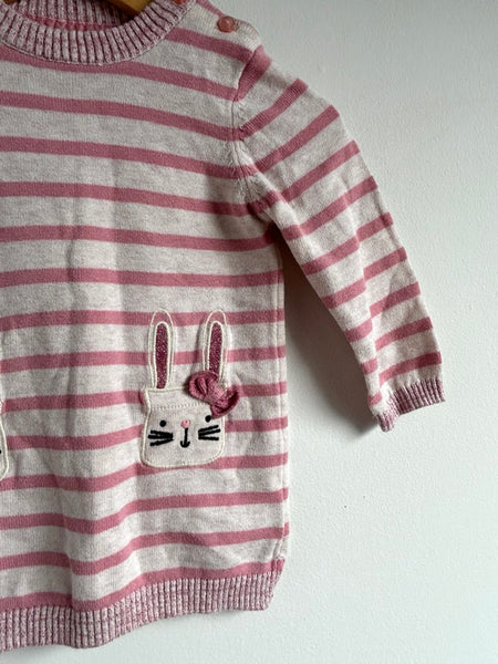 Primark Long Sleeve Striped Bunny Sweater Dress • 9-18 months