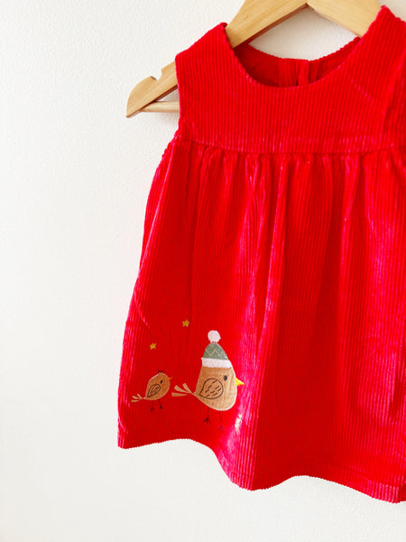 M&S Red Cord Bird Embroidery Dress • 12-18 months