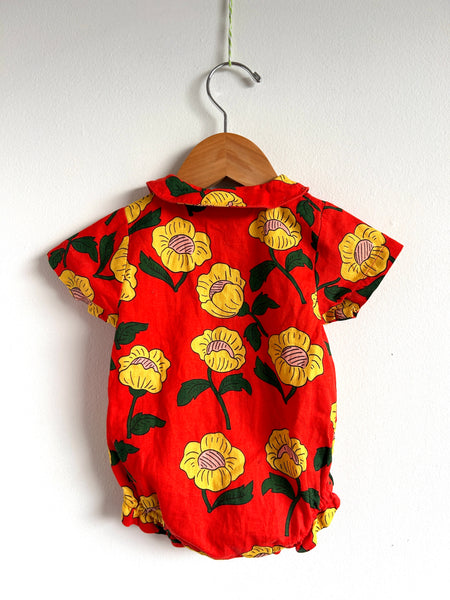 Mini Rodini Red Collared Floral Onesie • 2-4 months