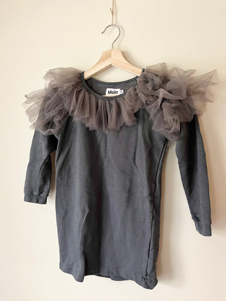 Molo Grey Long Sleeve Sweater Dress with Tulle Ruffle • 6-8 years